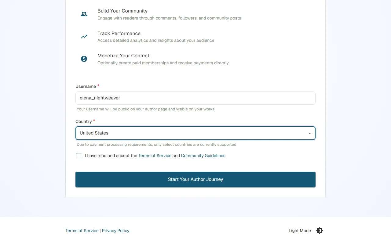 The Become an Author form showing username, country selection, and benefits