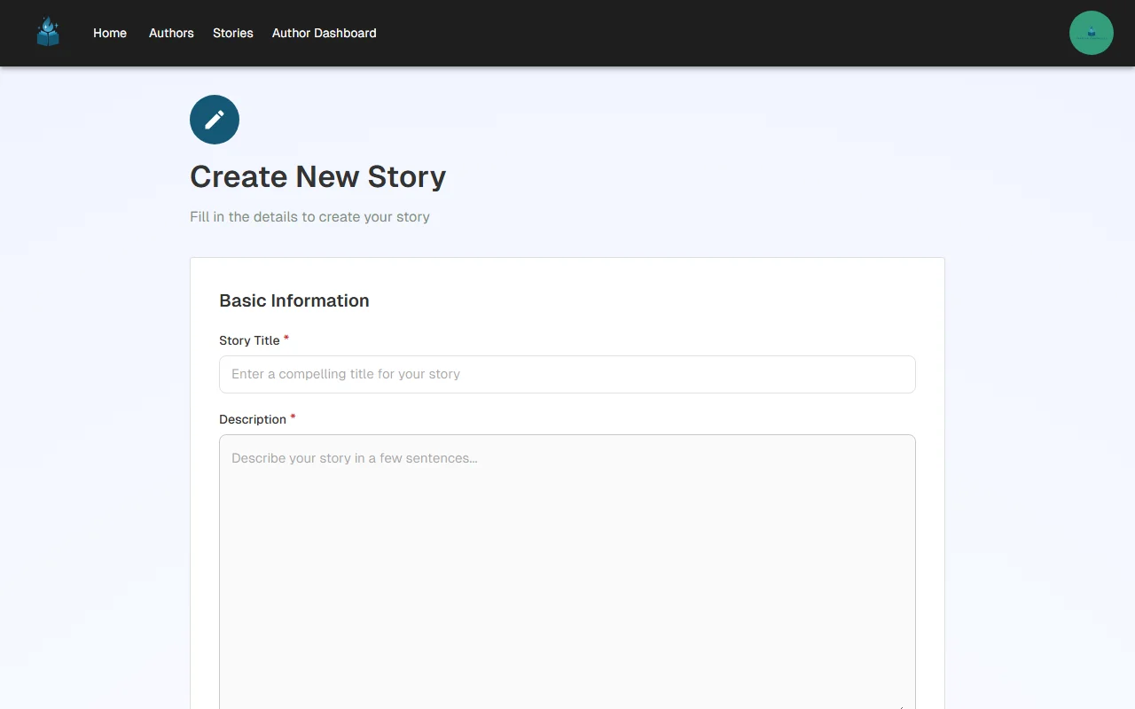 The story creation form with title, description, cover image, and genre fields