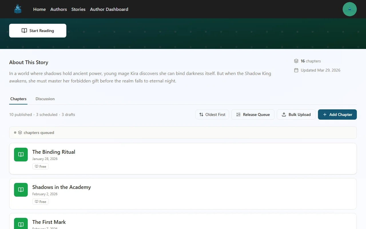 The story page showing the Bulk Upload button in the chapter controls