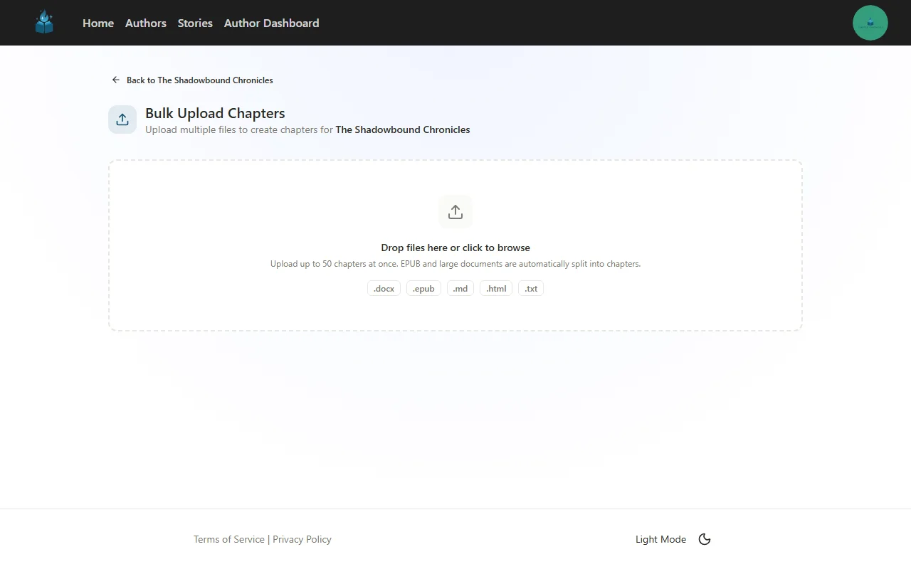 The bulk upload page with the file drop zone