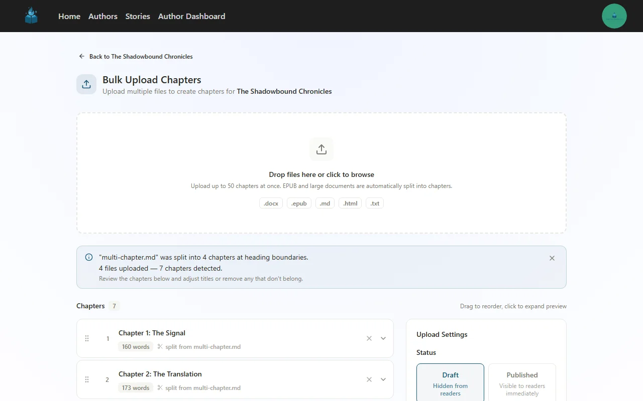 The review step showing parsed chapters with settings panel