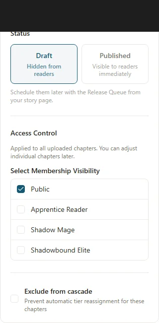 The settings panel with status and access control options