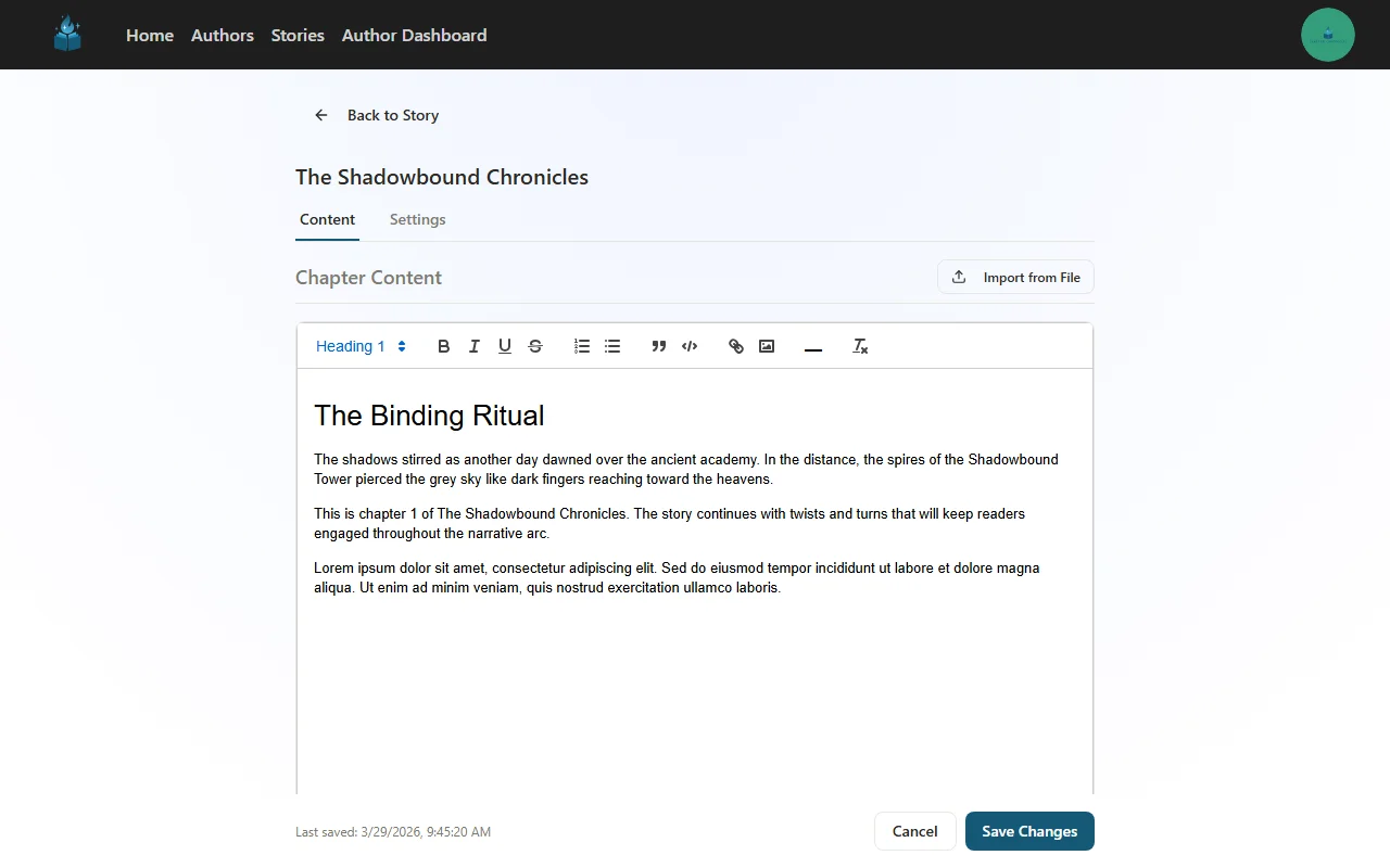 The chapter editor showing the Import from File button