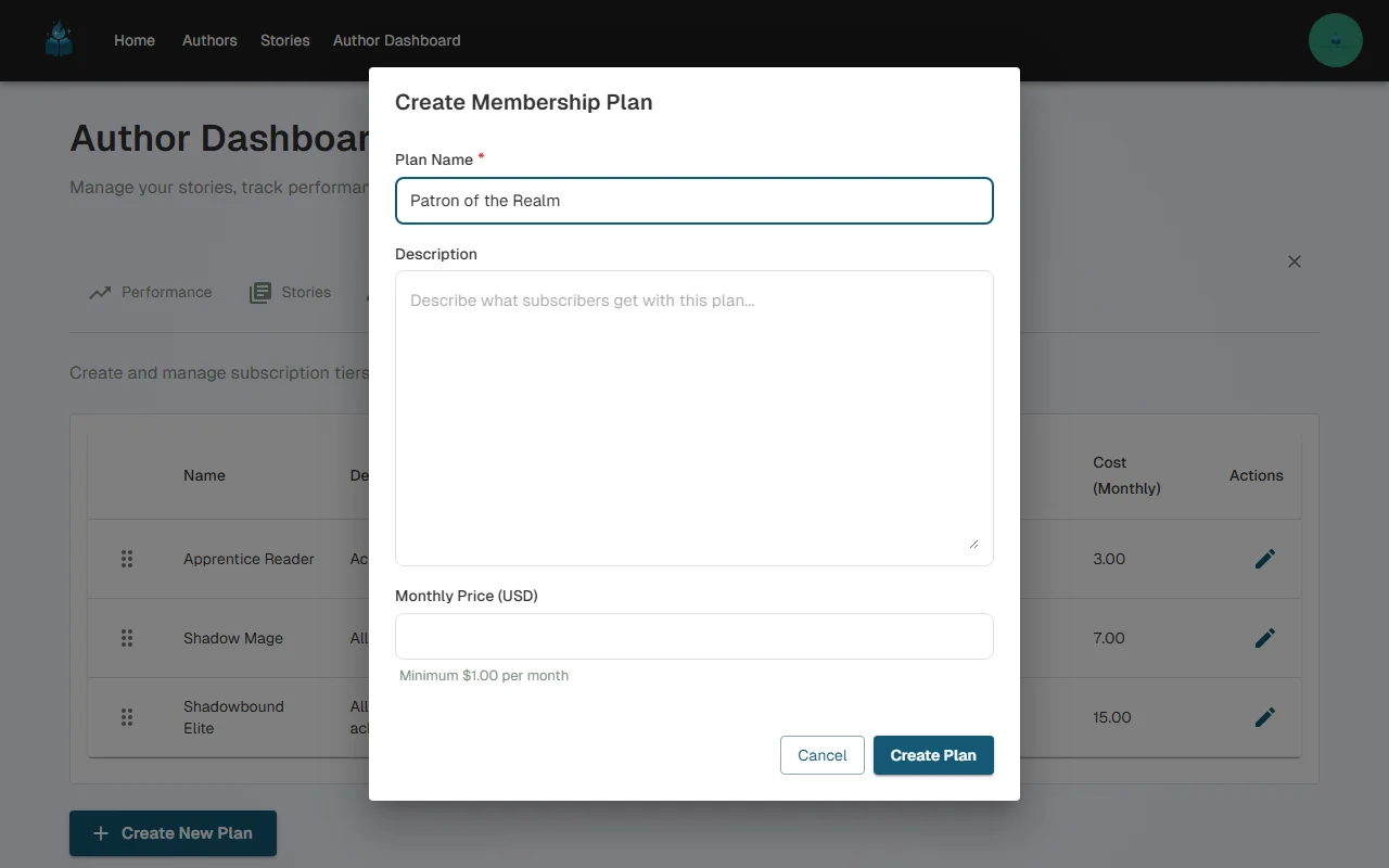 Create Membership Plan dialog with plan name, description, and monthly price fields