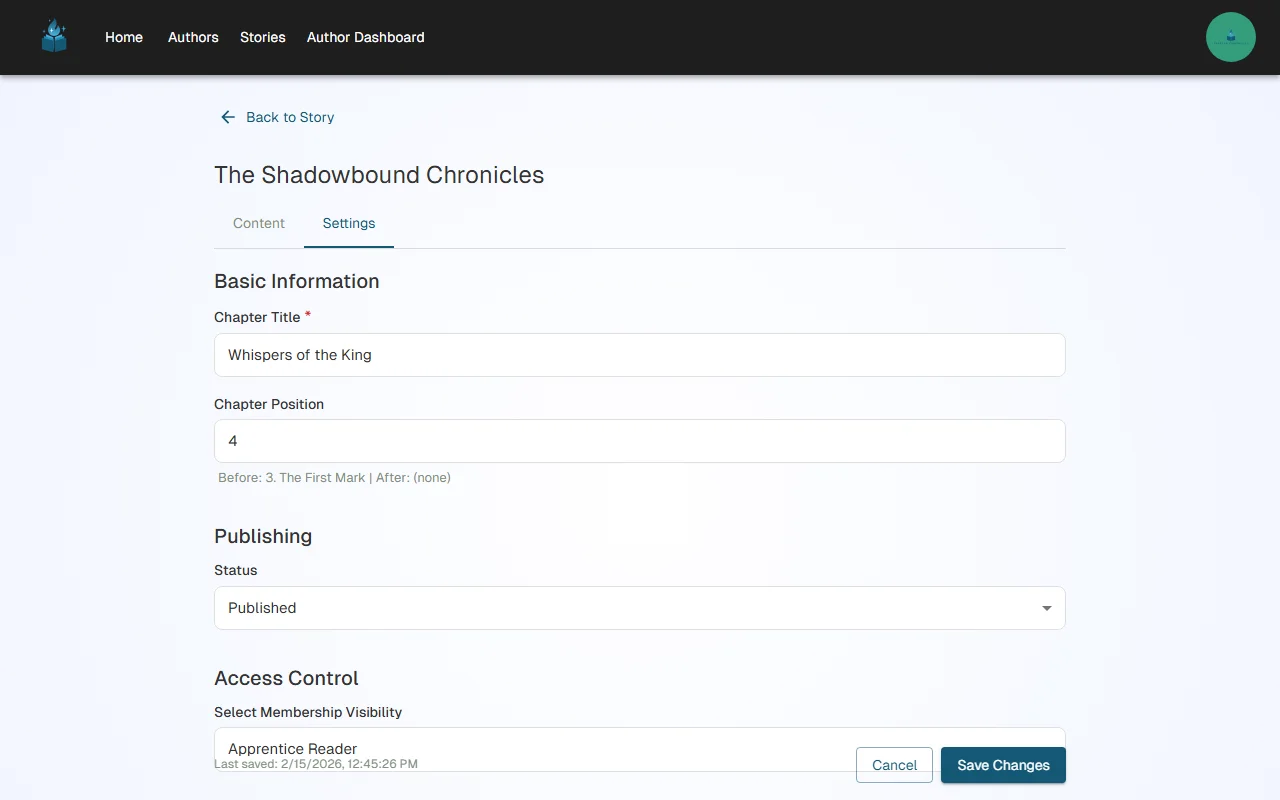 Chapter editor Settings tab showing title, position, status, and Access Control section