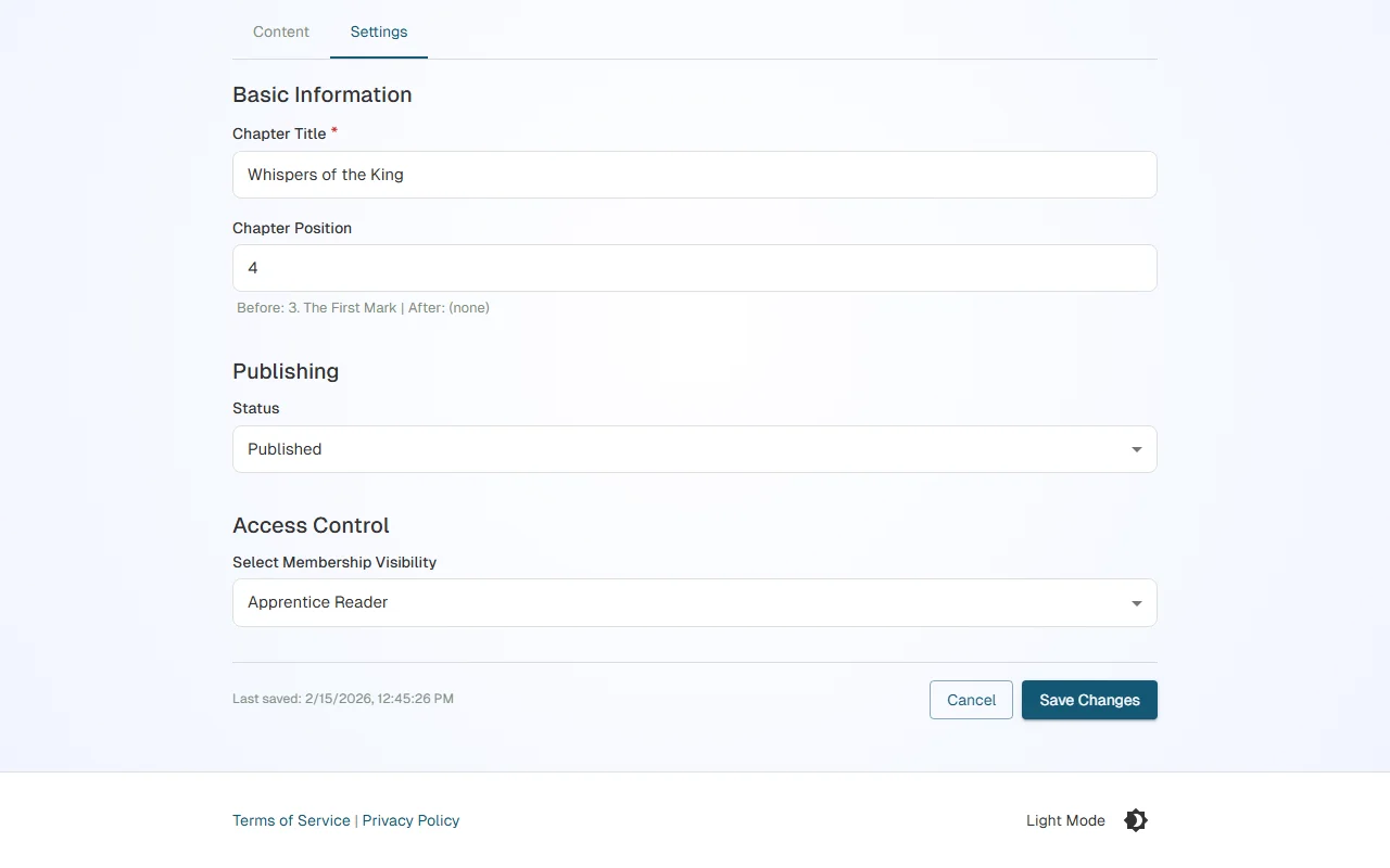 Access Control section showing Membership Visibility dropdown with Apprentice Reader selected
