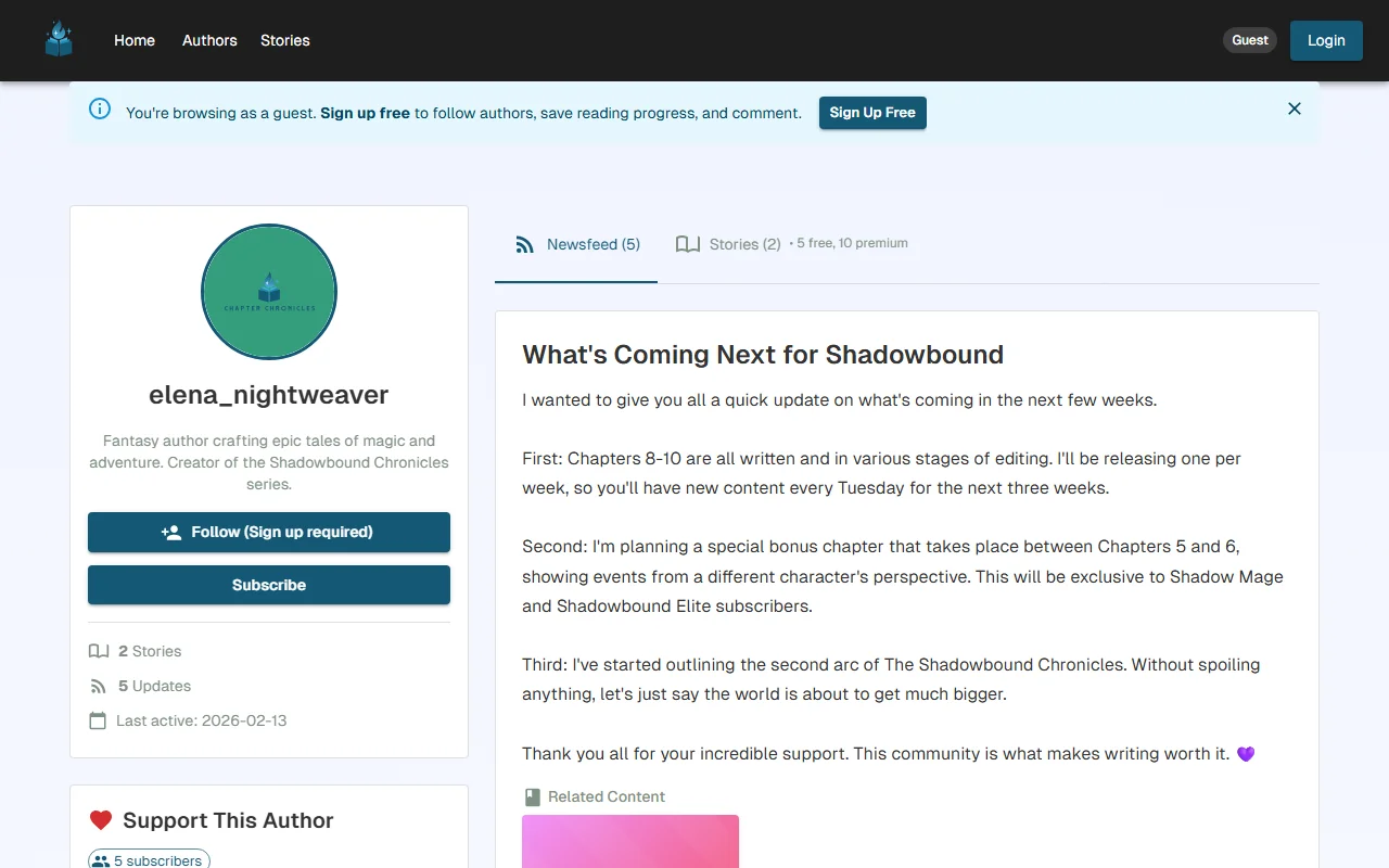 Author page showing the newsfeed tab with posts, sidebar with avatar, bio, stats, and membership tiers