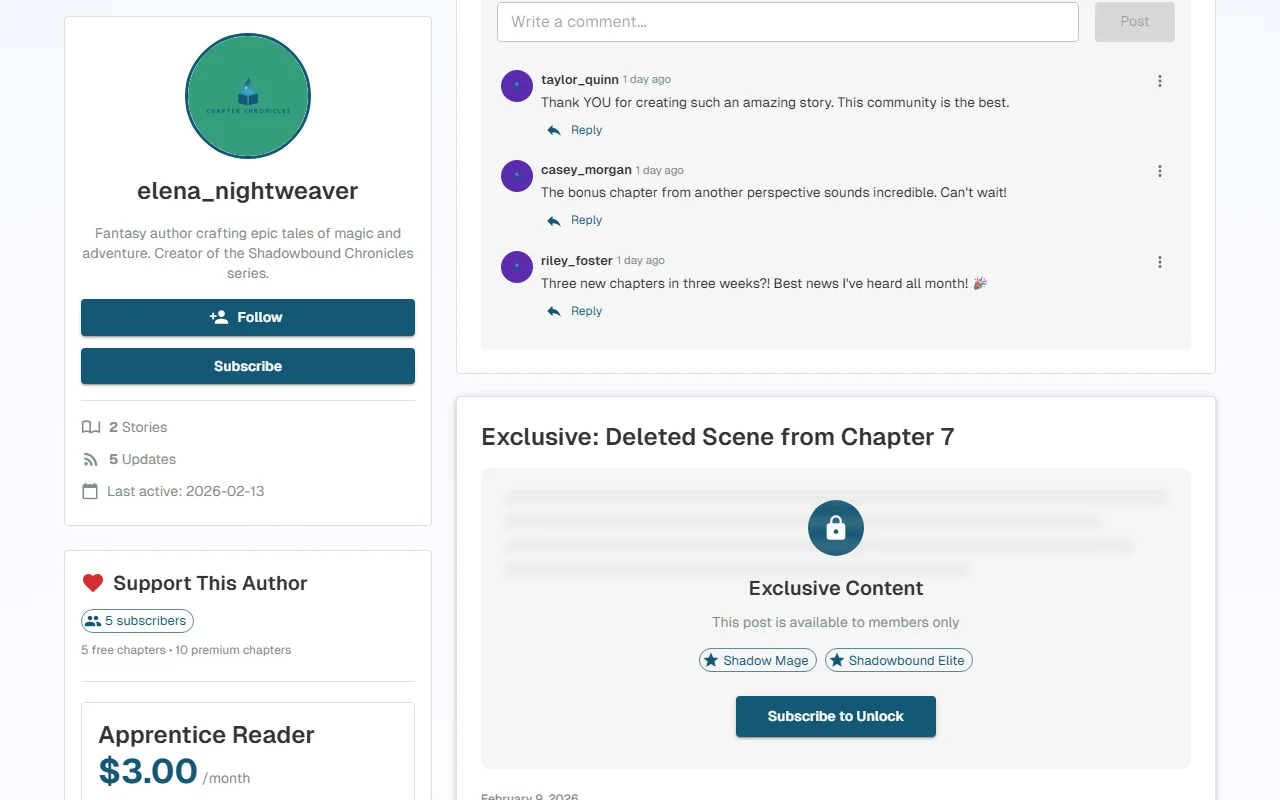 A gated post showing the locked state with "Unlock with Shadow Mage" prompt for non-subscribers