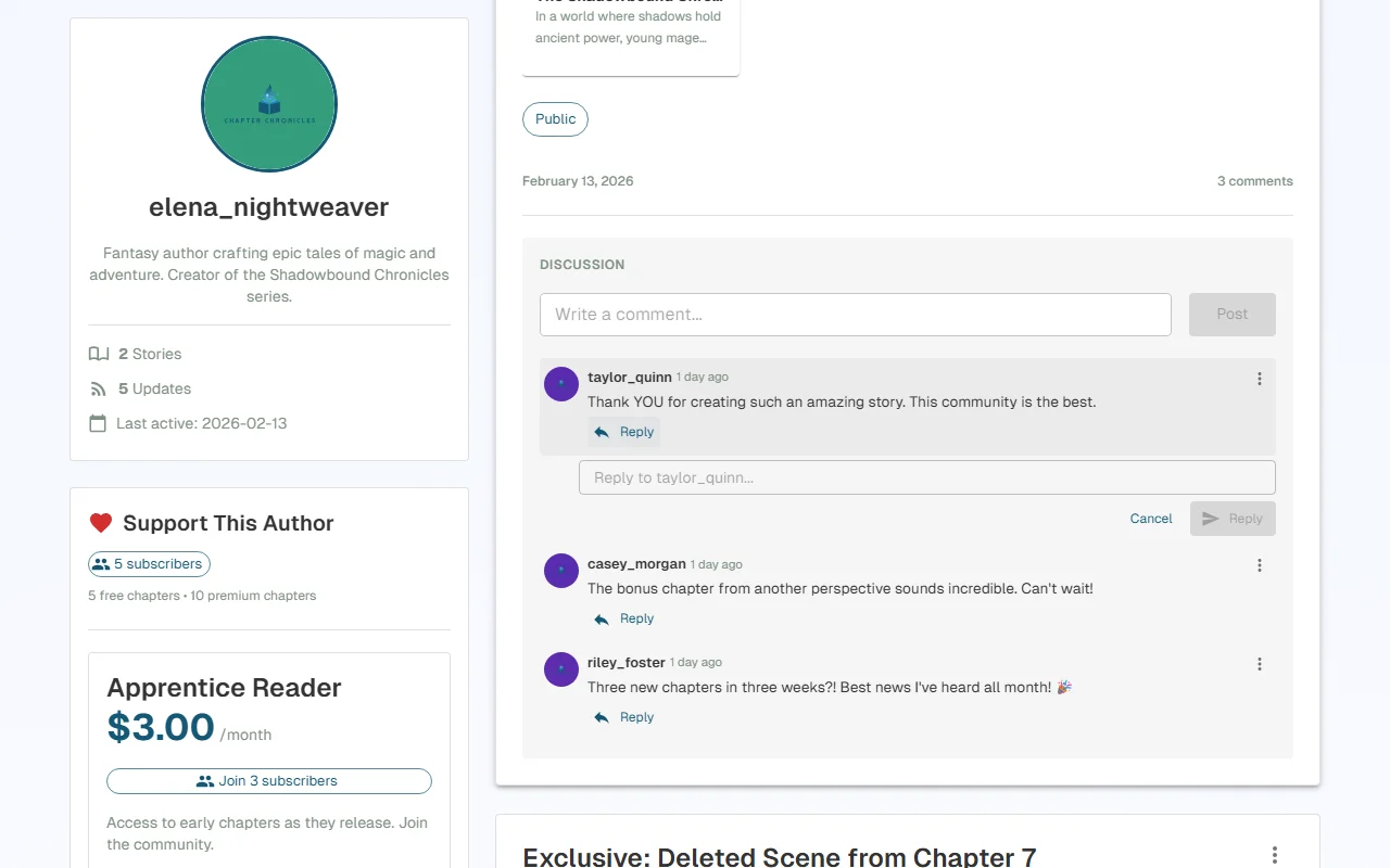 A post with multiple reader comments showing active discussion and author engagement