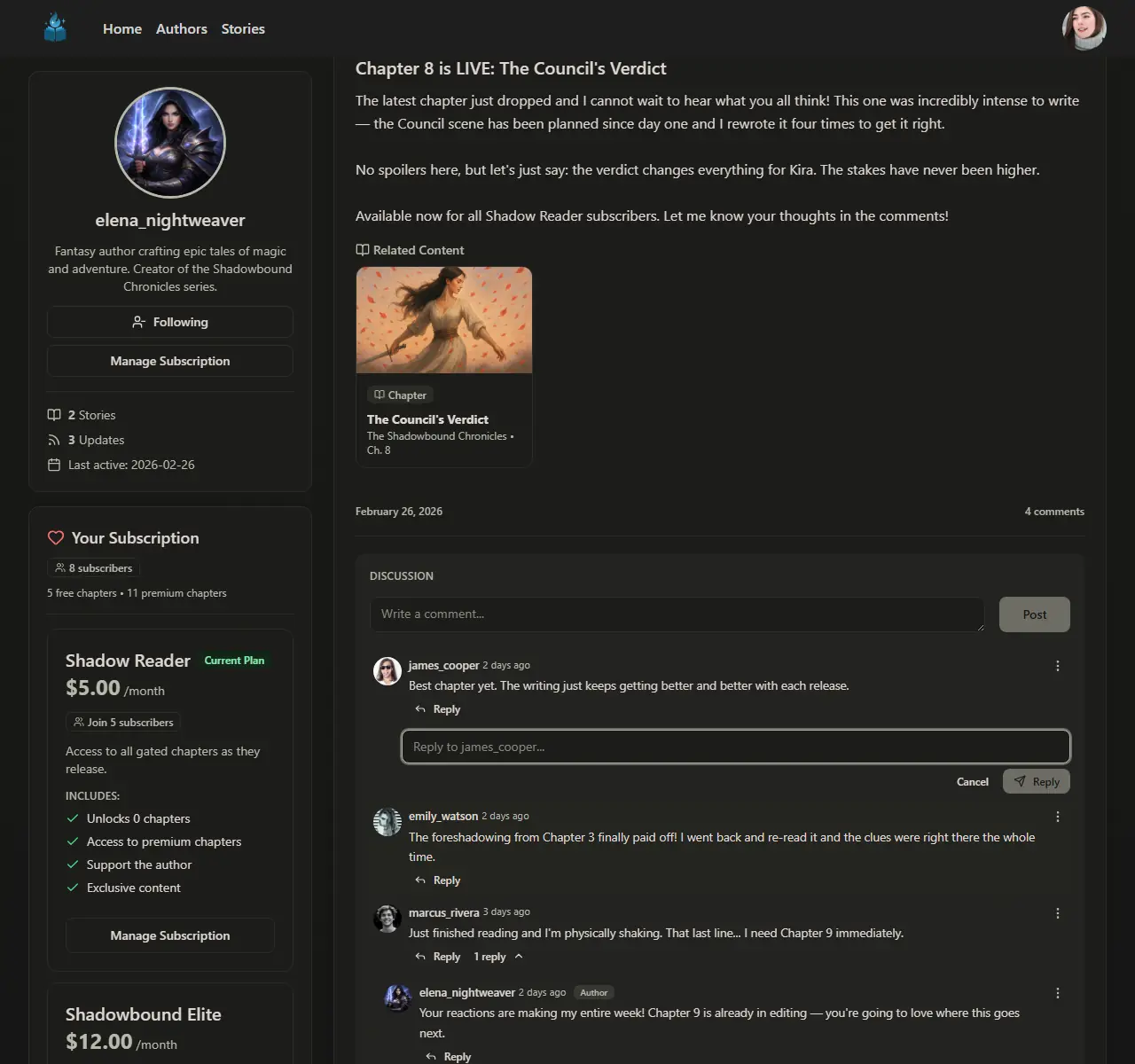 Author newsfeed page showing posts with reader comments and avatars