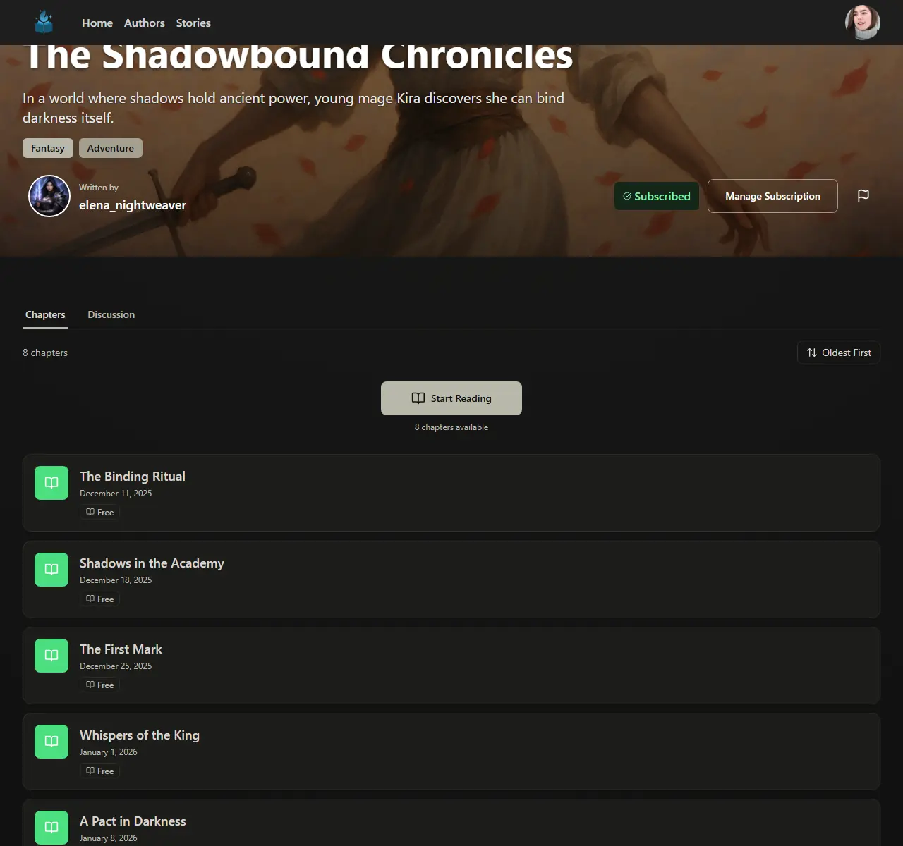 Story page with custom hero image showing chapter list with free and gated chapters
