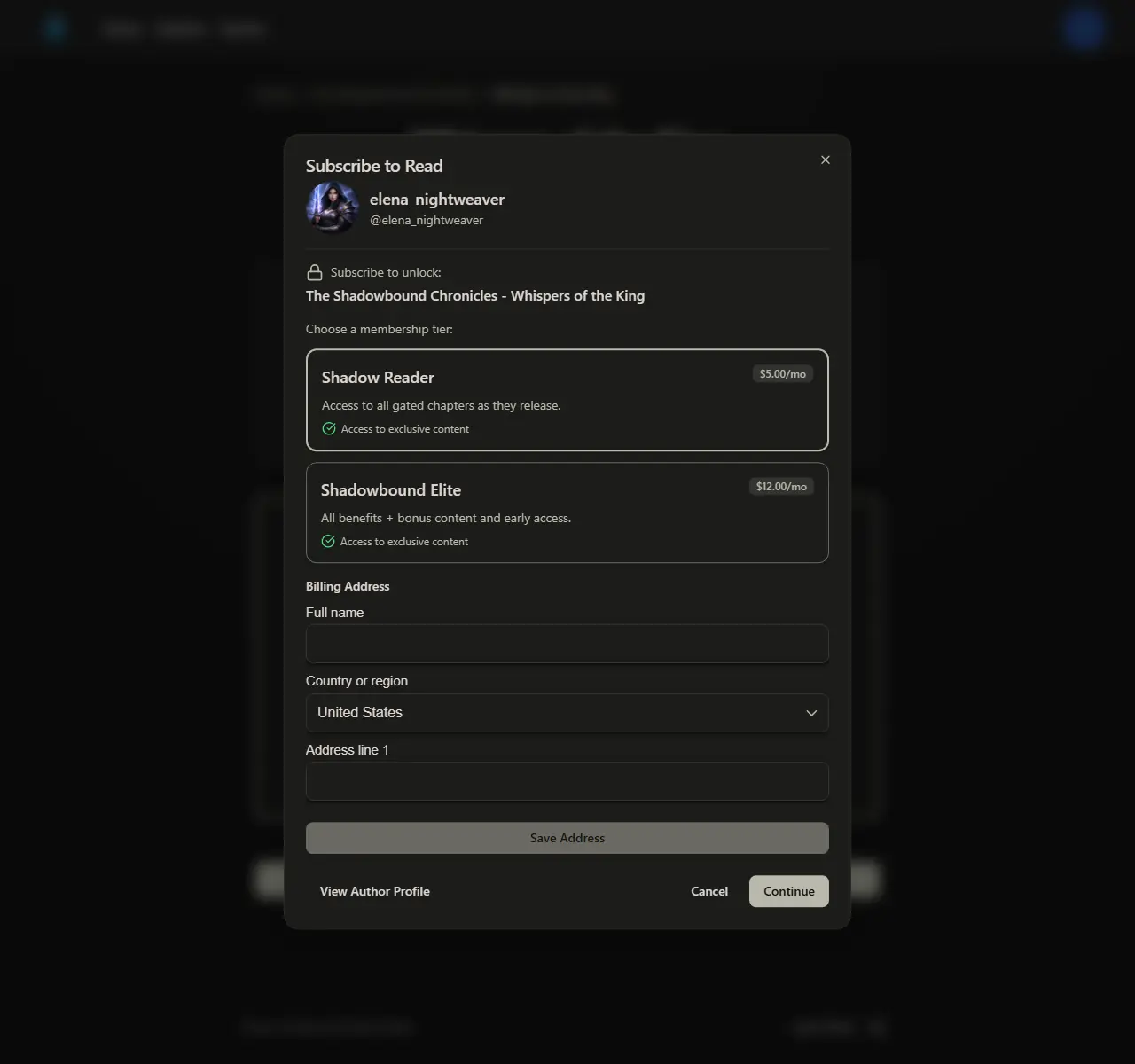 Chapter paywall with subscription modal showing membership tier selection